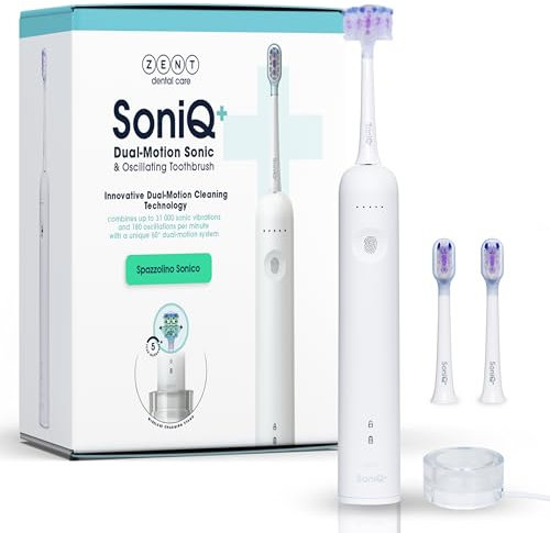 ZENT SoniQ+ Spazzolino elettrico sonico 2in1, Spazzolini da denti con movimento rotatorio 60°, 5 modalità di funzionamento, per denti sensibili, Impermeabilità IPX7, Caricatore a induzione incluso