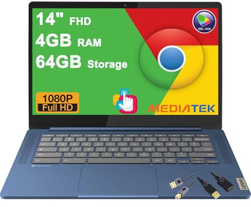 Lenovo IdeaPad Slim 3 Chromebook Laptop | 14 FHD Touch 100% sRGB | MediaTek 8-core Kompanio 520 | 4GB DDR4 64GB Storage | Privacy Camera Long Battery Life w/DLCA Accessory