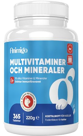 Animigo Multivitaminer för katter – 365 tabletter – Med vitamin B-komplex (B1, B2, B3, B5, B6, B7, B9, B12), C, D3 – 18 mineraler och vitaminer för immunförsvaret – Med askorbinsyra, biotin, folsyra