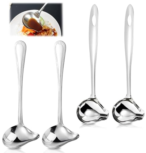 4 cucchiai per salse, in acciaio inox, argentato, con occhiello per appenderlo, cucchiaio per salsa con beccuccio, lavabile in lavastoviglie, per salse da zuppa, salse
