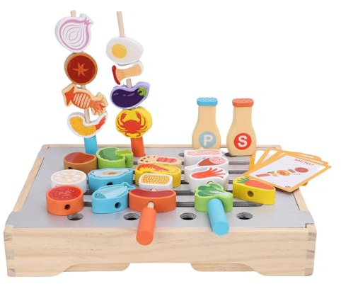 Depisuta Juego de Parrilla de Barbacoa de Madera para Niños, Simulación Multifunción, Juego de Barbacoa, Juguete de Cocina con Comida de Juguete y Herramientas para Asar, de