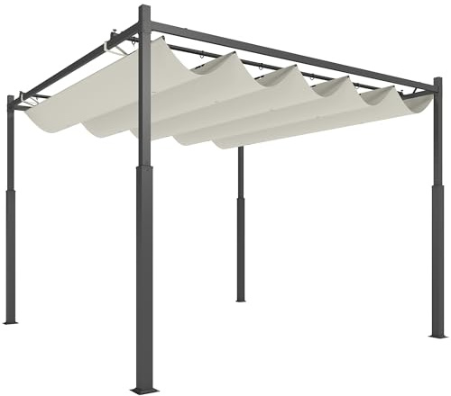 Outsunny Pérgola de Jardín 3x3 m con Techo Retráctil y Accesorio Magnético, Cenador de Jardín con Protección UV30+, Columnas Metálicas y Ganchos, Pabellón para Patio, Terraza, Exterior, Blanco Crema