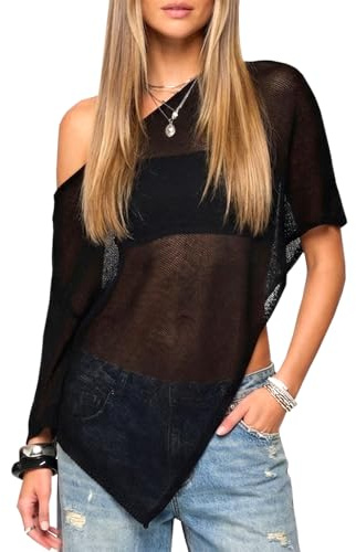 Navneet Dam off-shoulder meshtopp stickad poncho täcka asymmetrisk cape strand sommar festival fest