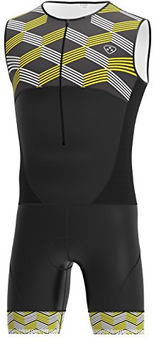 DHERA Men's Trisuit Triathlon One piece padded sleeveless suit Duathlon Running Swimming Cycling skin suit (Colour-Yellow, Size-XL)