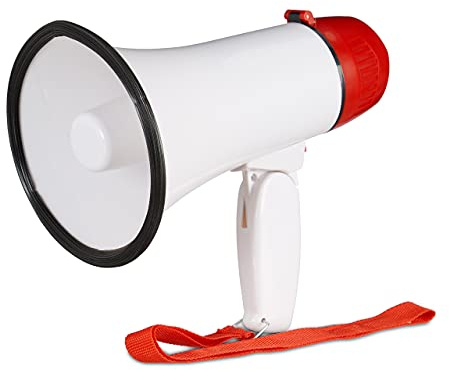 4 x Megafon stadion, bullhorn med fällbart handtag och slinga, roligt Ole ljud, megafon, 10 watt, röd/vit