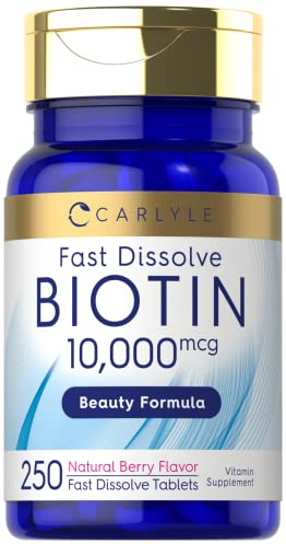 Carlyle Biotin 10000mcg | 250 Fast Dissolve Tablets | Max Strength | Vegetarian, Non-GMO, Gluten Free Supplement