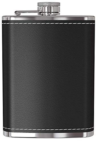 Fiaschetta per liquori - 255,1 gram a prova di perdite fiaschetta in acciaio INOX 18/8 tasca con cover in pelle nero per alcool, whiskey, rum, vodka | Gift for Men