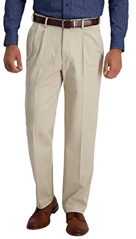 Haggar Men's Iron Free Premium Khaki Classic Fit Pleat Front Expandable Waist Casual Pant Sand 34 x 29