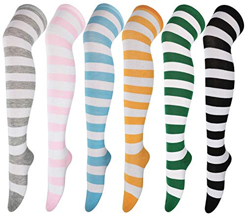 DRESHOW 6 Paires Chaussettes Montantes Hautes Longues Cuisse Jambières pour Filles et Femmes, Taille unique, 6 Pairs (Multicolore)