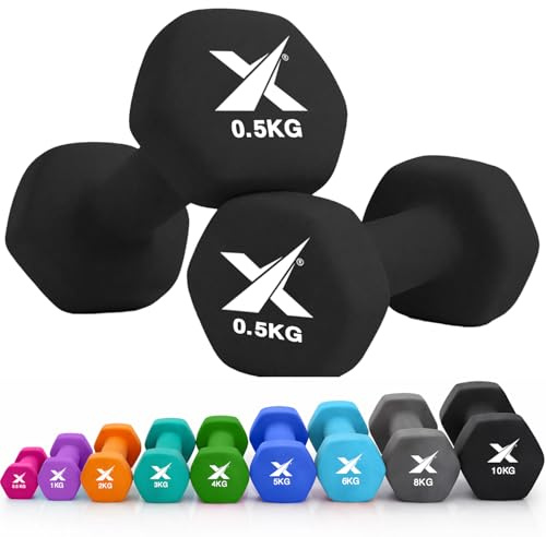 XN8 Neoprene Dumbbell Set, Non-Slip Dumbbells Pair of 0.5kg–10kg Hand Weights, Home Gym Strength Training Weights for Men & Women, Aerobics, Pilates, Body Toning, Arm, Biceps & Fitness Exercises