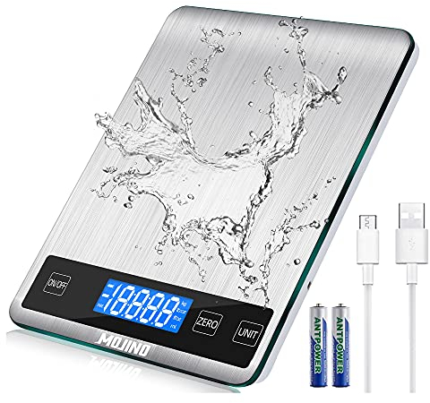 MOJINO Balance De Cuisine, 15 KG / 33 LB Balance Alimentaire Numériques avec 5 Units g/oz/ml Acier Inoxydable avec Écran LCD Rétroéclairé pour La Cuisson Du Café,Rechargeable par USB