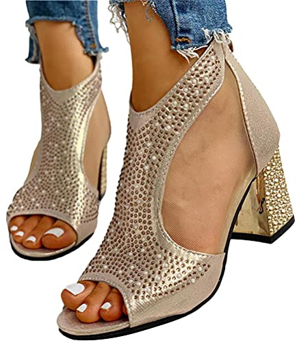 Minetom Sandales Été Femme Métal High Heels Sandale Escarpins Tête De Poisson Talon Block Sandales Soirée Parties Mariage Chaussure D Or 39 EU