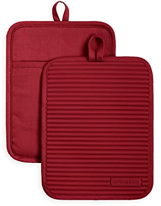 KitchenAid Ribbed Soft Silicone Pot Holder 2-Pack Set, Smoked Paprika Red, 7x9