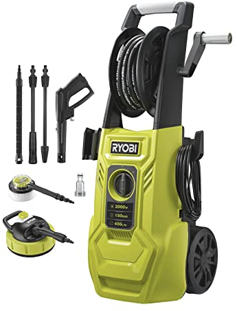 RYOBI 1800 W Elektro-Hochdruckreiniger RY150PWA (150 bar Druck, 450 l/h Fördermenge, 40° Wassertemperatur, Aluminiumpumpe, 8m stahlarmierter Schlauch, 5m Kabel, Vario und Turbo-Lanze, Flächenreiniger)