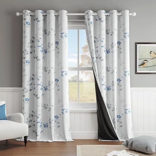 Beauoop Blue Grey Floral Blackout Curtains for Living Room Bedroom 90 Inch Drop Leaf Print White Eyelet Curtain Botanical Thermal Insulated Noise Reducing Window Curtain Drapes 2 Panels