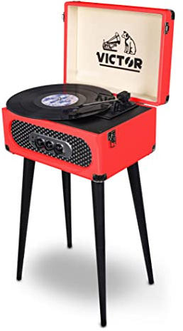 Victor VWRP-3200 Andover 5-in-1 Turntable with 3-Speed Record Player, FM Radio, Bluetooth, Built-in Speakers, and Chair-Height Legs – Perfect for Vinyl Lovers and Retro-Inspired Home Decor