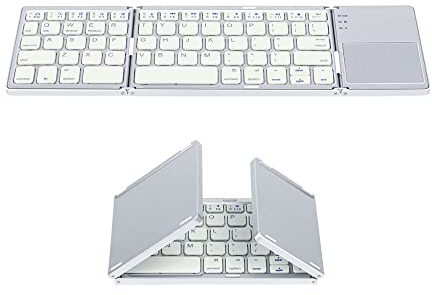 Mcbazel Teclado Bluetooth Plegable Recargable, Tri-Teclado Inalámbrico Portátil Plegable con Panel Táctil para Dispositivo Móvil Compatible con Tableta/Teléfono/PC - Silver White