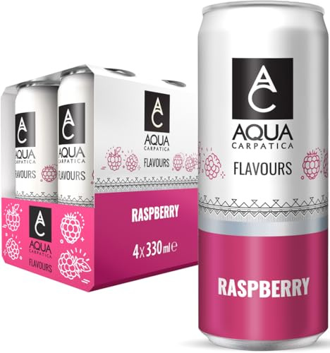 AQUA Carpatica Sparkling Flavours Raspberry 330ml x 4 - Natural Fruit Juice Infused Sparkling Water, No Added Sugar, Naturally Alkaline, Sweetened with Agave Syrup, Rich in Minerals