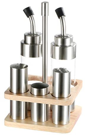 Lingjiong - Saliera e pepe in acciaio inox – Dispenser di olio e aceto in metallo, accessorio da tavolo con struttura per conservare olio, sale, aceto e salsa di soia