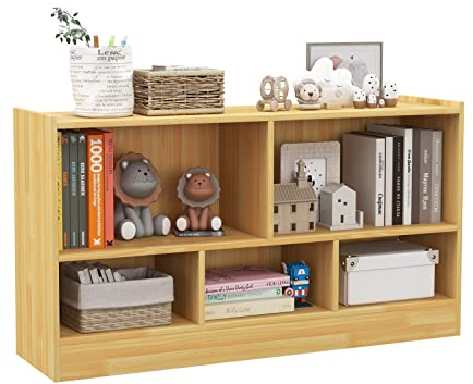 HOMASIS 2-stöckig Spielzeugschrank mit 5 Fächern, Kinderregal Bücherregal aus Holz, offen Aufbewahrungsregal Spielzeugregal für Kinderzimmer Spielzimmer Schlafzimmer, 111 x 30 x 61,5 cm (Hell Natur)