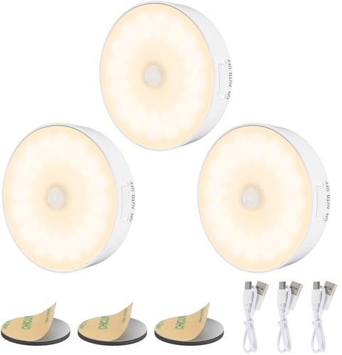 14 LEDs Nachtlicht mit Bewegungsmelder, 3 Stück Heller Nachtlampe, 3 Modi Einstellbar Auto/ON/Off, Wiederaufladbar LED Schrankbeleuchtung mit Haftend, für Flure, Schrank,Toilette - 3000K Warmweiß