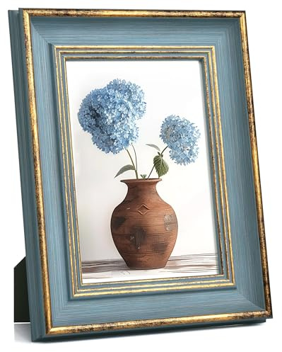 Afuly Vintage 10x8 Photo Frame Blue Gold Antique 8x10 Picture Frames | Wall Hanging Desk Landscape Portrait Display with Hooks, HD Real Glass, Wedding Birthday Memorial Gift for Family Women