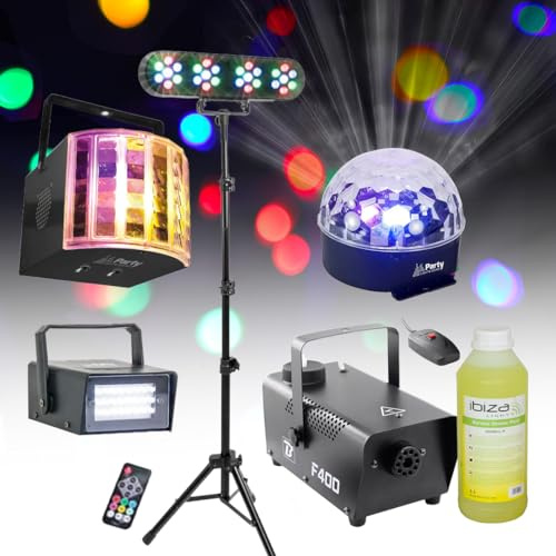 SPARKLERS CLUB KIT CRAZY SMOKE PARTY ? 7 JEUX DE LUMIERE + MACHINE A FUMÉE + 1L LIQUIDE, 3 effets lumière astro et 1 PAR à LED - Installation Rapide et Facile, Parfait pour vos évènements en famille