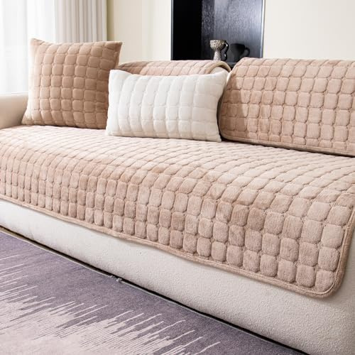 MDSASFD Velvet Couch Cover, Washable Sectional Sofa Cover, Anti Slip Sofa Slipcovers for 3 Cushion Couch Sofa L Shaped Recliner, Furniture Protector Covers for Pets Kids(Khaki, Only 1 PCS)