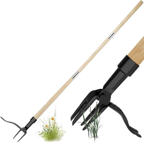 Weed Puller Weed Remover Tool - Stand Up Weeder Hand Tool, Detachable Handle Weed Remover Tool Manual Weeder with 4 Claws, Garden Weed Root Pulling Tool and Grabber,Picker (Weed puller + Wood Handle)