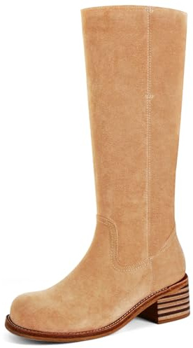 VBDB Apricot Suede Knee High Boots for Women Square Toe Chunky Block Heel Long Boots Women’s Comfortable Low Heel Womens Shoes Size 9.5