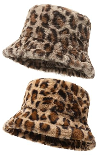 JSTHHTT Bob en Fourrure Chaude d'Hiver, Chapeau de Pêcheur Léopard en Fausse Fourrure, Style Seau - Accessoire Confortable et Douillet