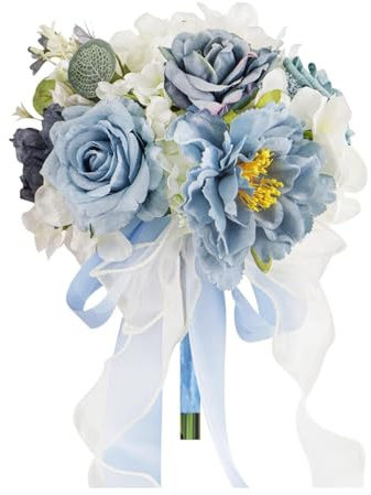 Ramos de boda para novia, con cintas, elegantes flores artificiales, para boda, ramos de dama de honor, decoración del hogar (azul blanco)
