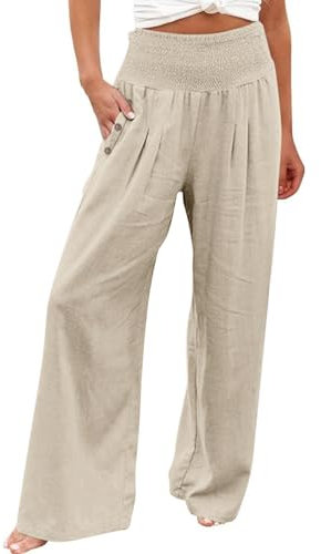 Femmes Casual Pantalon D'été Ensemble Chic Et Elegant Large Souple Taille Elastique Pantalon Ete Femme Leger Coton Lin Detente Large Haute Ample Tenue Mes Commandes Passées 12#Beige XL