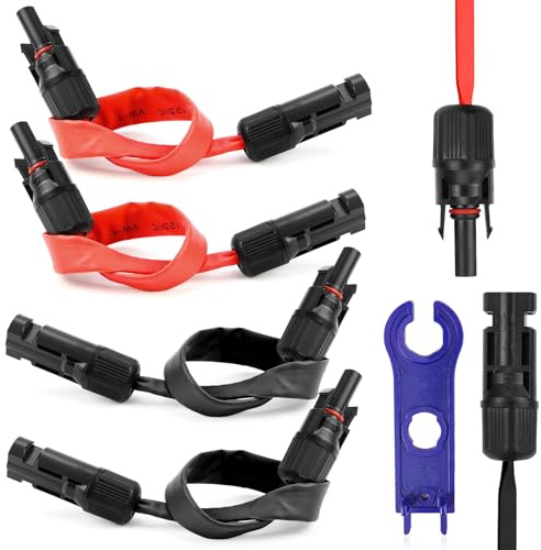 BINYI Lot de 4 rallonges solaires - 6 mm² - Avec fiche et raccord - 35 cm - Câble solaire plat - Passe-fenêtre - Câble PV - Pour panneaux solaires