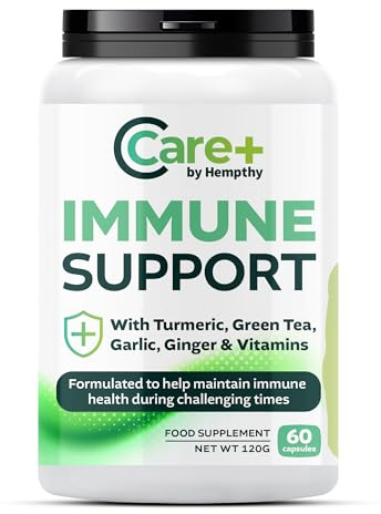Immune Support Capsules: High Strength Turmeric, Green Tea, Garlic, Ginger & Vitamins D3, E - 60 Vegan Capsules (30 Day Supply) Made in the UK by Hempthy
