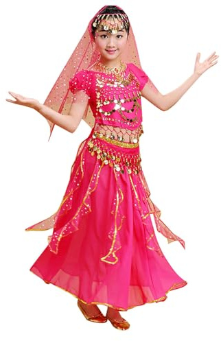 NaLatia Costume de Danse Orientale 5 pièces pour Enfants avec Jupe, Chemisier, chaîne de Taille, Voile et Collier Tenue de Danseuse Performance de Carnaval Déguisement Indien Bollywood Oriental Robe
