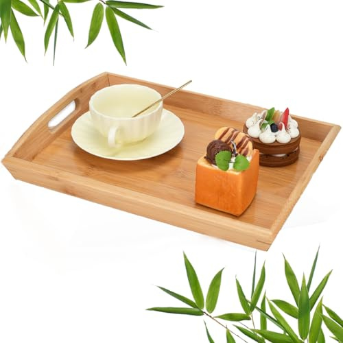 Serving Tray with Handles - 15 Wooden Trays for Food, Decor, Storage - Multi-Use for Kitchen, Bedroom, Living Room, Bathroom, Outdoor - Durable & Easy to Clean