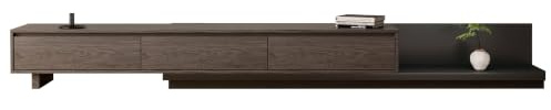 Extendable TV Stand 200-350cm for 65-100 TVs, Black Walnut, 3 Drawers | Telescopic 200-350cm frame fits 65-100 inch TVs. 3 drawers, left/right configurable, 52kg build, mid-century design.