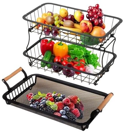 Produce Basket – Corbeille à fruits à 3 niveaux pour comptoir de cuisine – Organiseur de rangement en fil métallique avec cintres pour bananes pour maison, comptoir, garde-manger, restaurant