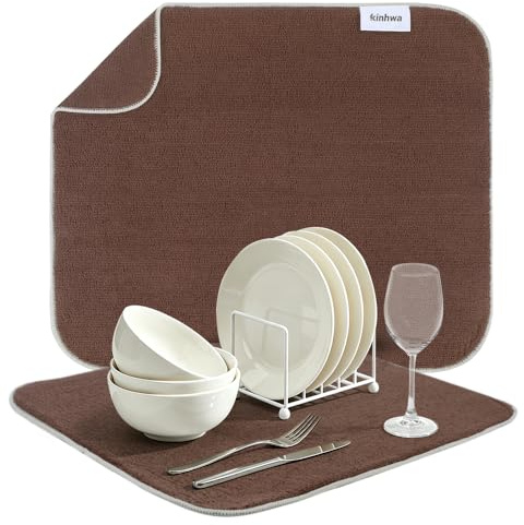 KinHwa Microfibre Dish Drying Mats Draining Mats for Kitchen Sink | Washing Up for Glass, Plate&Cup，40cm X 45cm 2 Pack Brown
