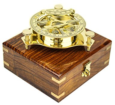 5 Triangular Beautiful Nautical Sundial Compass with Level Meter Encased in Genuine Rosewood Anchor Inlaid Case | Maritime Decor Gifts | Nagina International (Polished Brass)