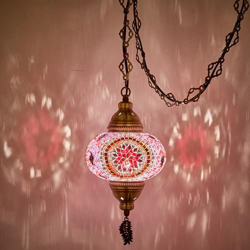 DEMMEX Lámpara de techo colgante de mosaico marroquí turco enchufable – Lámpara de techo con cordón de 15 pies y cadena, vidrio hecho a mano, estilo Tiffany, decoración mediterránea (rosa-rojo)