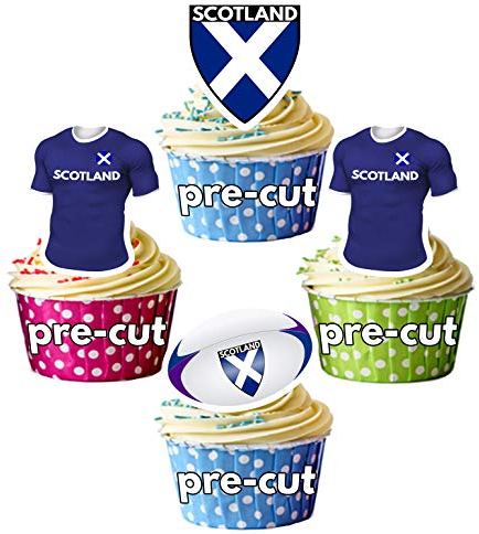 AK Giftshop PRECUT Rugby Shirt Ball Flag Team Scotland - Edible Cupcake Toppers/Cake Decorations (Pack of 12)