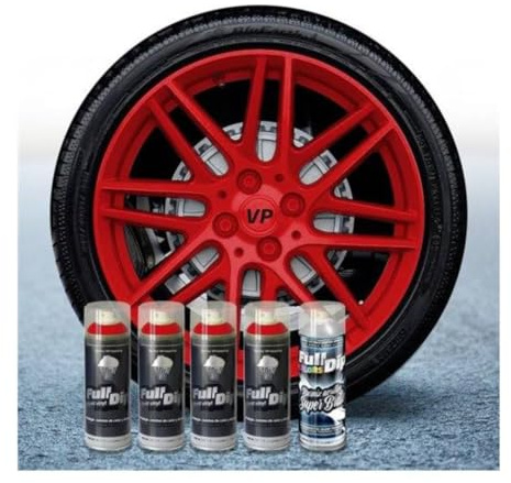 AutoFullCar Pack Llantas Full Dip - 4 Sprays rojos 1 barniz acabado brillo - Vinilo Líquido - 400ml Unidad