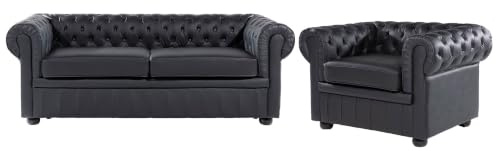 Ensemble Canapé et Fauteuil en Cuir Noir Dossier à Points Diamant Chesterfield