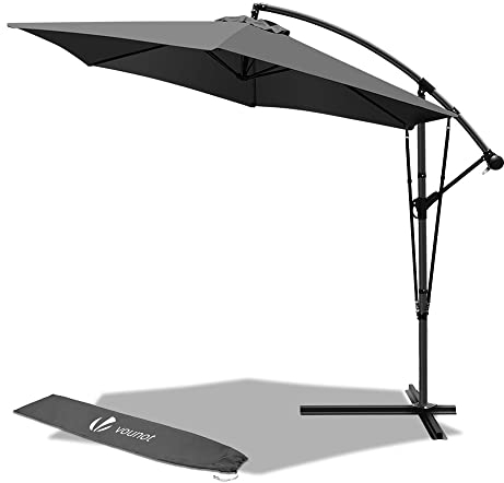 vounot® Parasol Déporté Hexagonale 3M avec Manivelle Anti-Retour et Sangle de Fixation Parasol Inclinable Toile 180gr/m2 anti UV H235cm 6 Baleines en acier Inclus housse de protection Gris