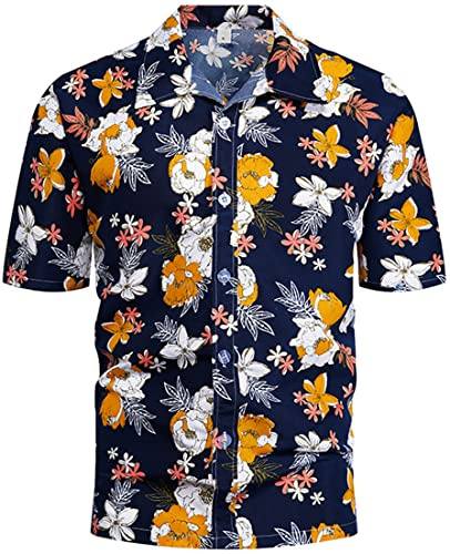 PADOLA Camisa Hawaiana Hombre Manga Corta con Botones Camisas Tropicales Vacaciones Casual Top(Floral Amarillo,L)