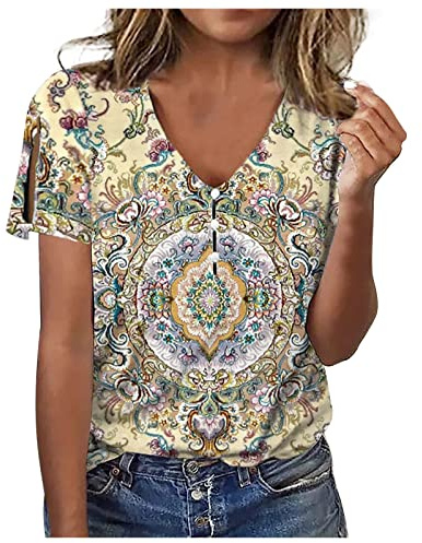 Blusa para mujer, con botones y cuello en V, camiseta de verano de manga corta, túnica, hombros descubiertos, camiseta con estampado floral, para fiestas, adolescentes, niñas, tallas grandes
