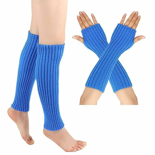 SHTGOI Beinstulpen und Pulswärmer Set Baumwolle Strick Beinwärmer Fingerlose Handschuhe Winter Arm Handwärmer Legwarmer Bein und Arm Stulpen für Yoga-Tanzen Turnhalle Ausübt Halten Warm Saphirblau