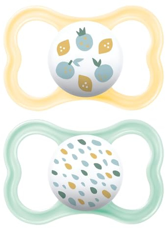 MAM Air Succhietto 6-16 Mesi (Set da 2), Ciuccio MAM 6-16 mesi per pelli sensibili e delicate, Kit da 2 accessori neonato con tettarella in silicone e porta ciuccio sterilizzatore, Neutro/Verde